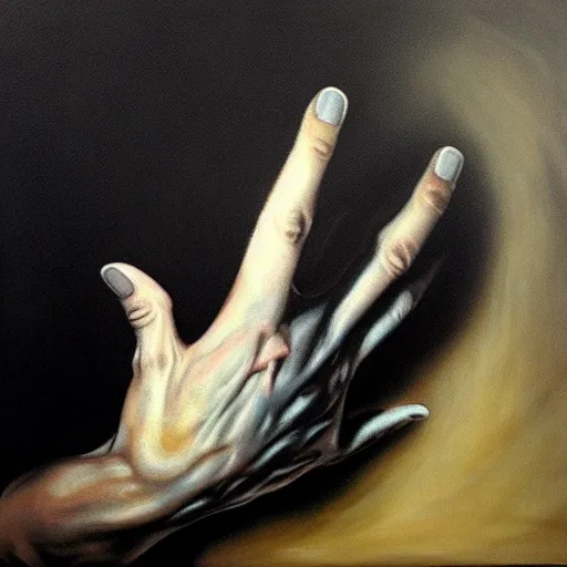 Prompt: white giant hand in a black void, painting by by ralph grady james, jean christian biville