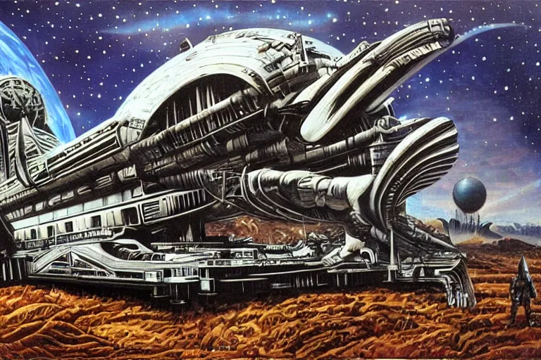 Prompt: atompunk space ship sailing the infinite cosmos, grand scale, raygun gothic style, painting by h. r. giger