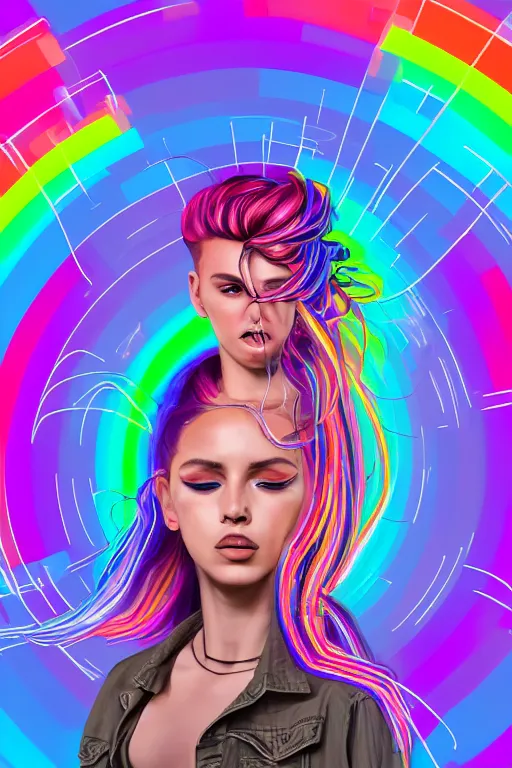 Image similar to a award winning half body portrait of a beautiful woman with stunning eyes in a croptop denim jacket and cargo pants with ombre rainbow hairstyle head in motion and hair flying while dancing by thomas danthony, surrounded by whirling illuminated lines, outrun, vaporware, shaded flat illustration, digital art, trending on artstation, highly detailed, fine detail, intricate