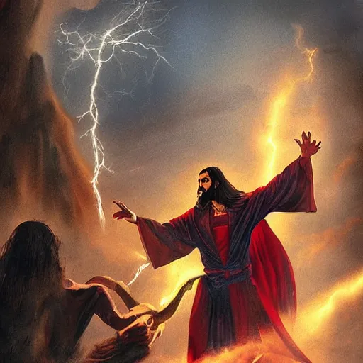 Image similar to dracula fighting jesus, digital art, highly detailed, epic composition, cinematic lightning