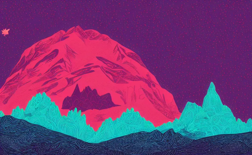 Prompt: mountains, stars and paisley filled sky, artstation, intricate, highly detailed, digital painting, concept art, sharp focus, illustration by Tom Whalen and Kilian Eng