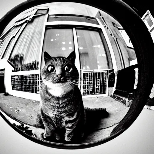 Image similar to cat that can do everything fisheye, retro, motivation