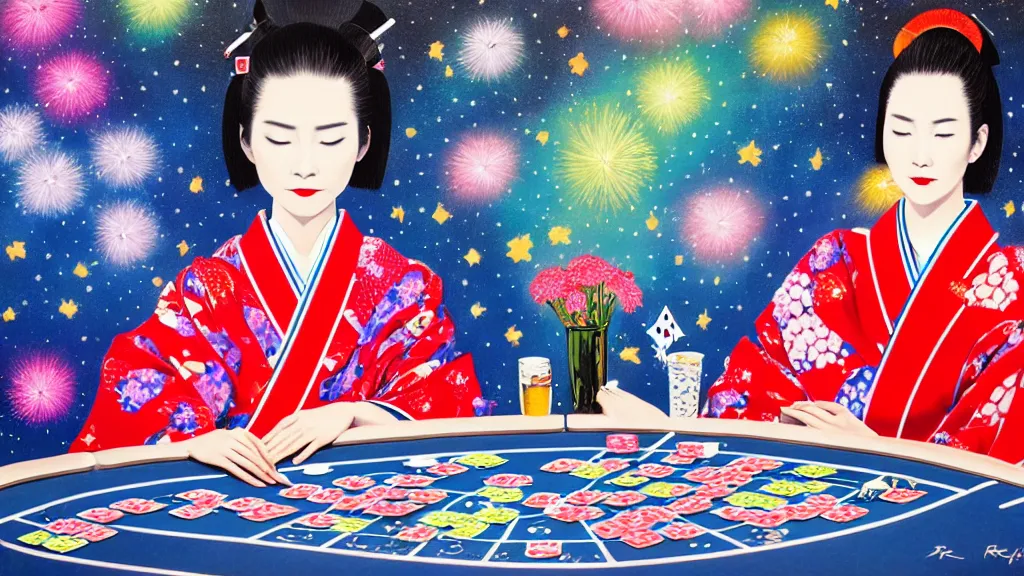 Prompt: woman in a japanese kimono sitting at an extremely detailed poker table with the startrooper, sake on the table, fireworks and stars on the background, by roy liechtestein, canvas, acrylic paint, cool color palette, 4 k, ultra - hd