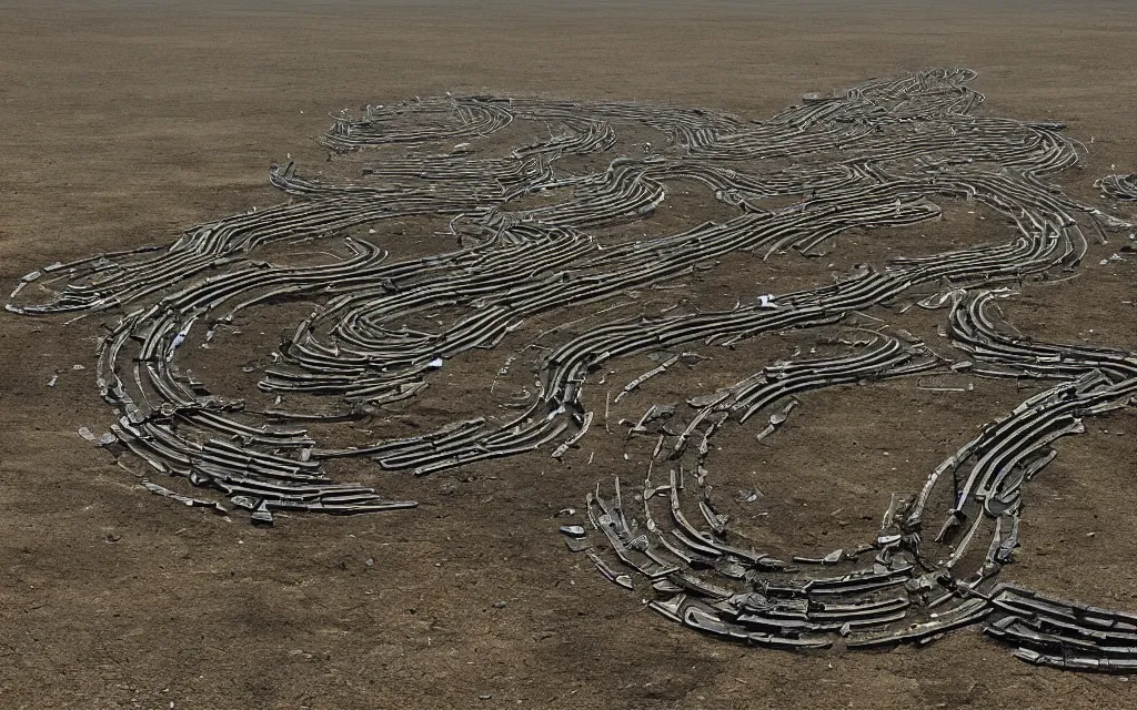 Image similar to robotic centipede travelling across a broken landscape