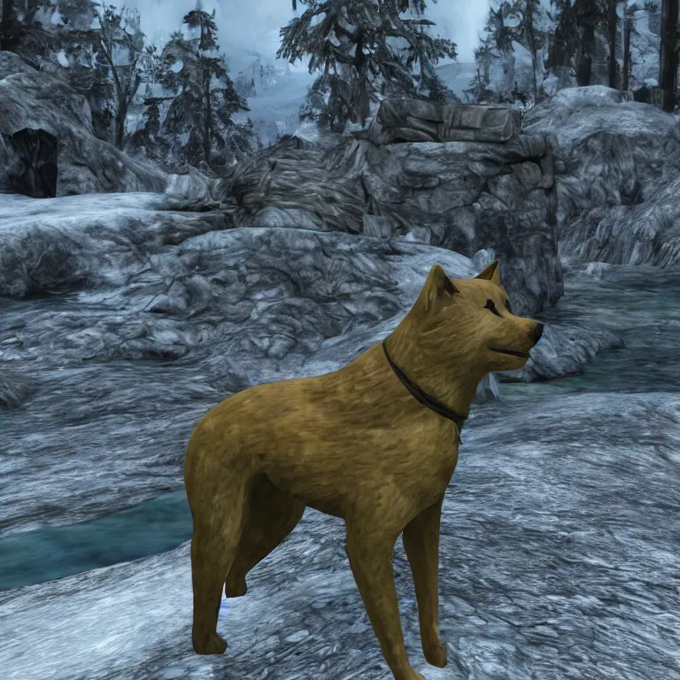 Prompt: an ancient and weathered stone shiba inu statue beside a frozen stream, skyrim pc screenshot