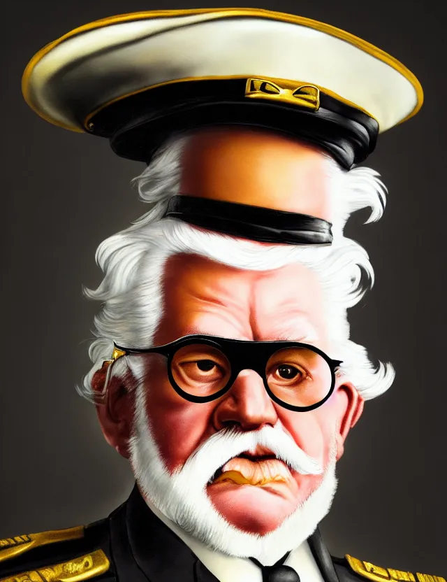 Image similar to a photographic portrait of colonel sanders wearing a military uniform and a black eyepatch over his left eye, by moebius and tyler edlin and hr giger, trending on artstation, digital art, 4 k resolution, detailed, high quality, sharp focus, hq artwork, coherent, insane detail, concept art