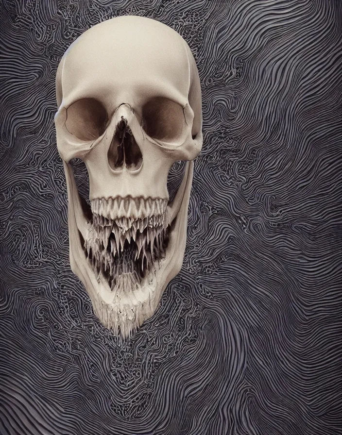 Image similar to portrait of a melting skull. intricate abstract. sharp teeth. delicate artwork. by Tooth Wu, wlop, beeple, dan mumford. octane render, trending on artstation, greg rutkowski very coherent symmetrical artwork. cinematic, hyper realism, high detail, octane render, 8k, depth of field, bokeh. chrome accents.