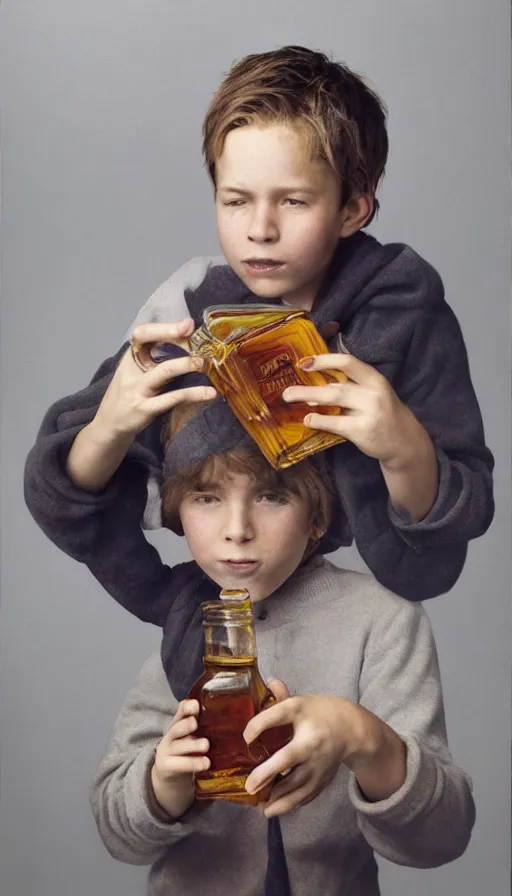 Prompt: a realistic portrait of a boy from canada drinking a whole bottle of maple syrup, annie leibovitz, highly detailed