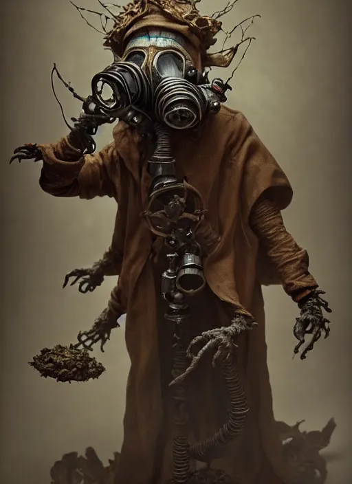 Prompt: old necromancer, wearing a wizard cloak, gas mask, by ellen jewett, hyper detailed, intricate, complex, 8 k, crisp,