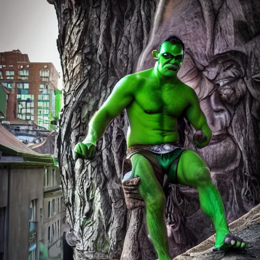 Prompt: a handsome green-skinned half-orc in the city, today's featured fantasy photography