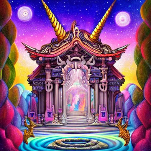 Image similar to a beautiful painting of a unicorn temple, by hr giger, lisa frank, josan gonzalez, chibi, artstation