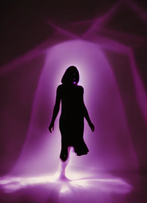 Image similar to a symmetrical female silhouette walking, astral projection, purple glowing aura, out of body experience, film grain, cinematic lighting, experimental film