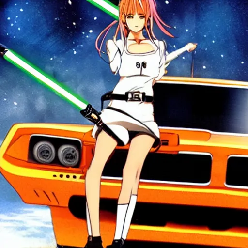 Prompt: generic anime girl with lightsaber driving general Lee.