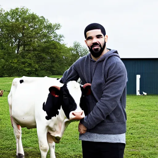 Prompt: drake, with a cow, at a dairy farm