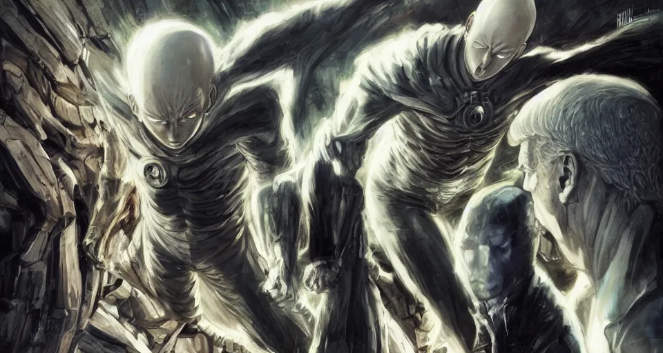 Image similar to one punch man vs donald trump by h. r. giger and greg rutkowski - elden ring