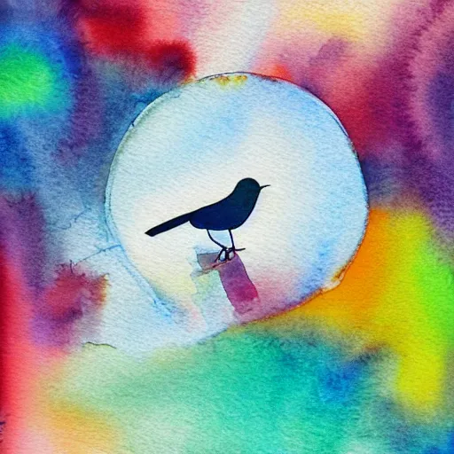 Image similar to dancing on top of a rainbow in the stratosphere, minimalist, watercolor, ink under paint, muted colors, birds - eye view. digital art, ue 5