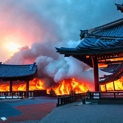 Image similar to japanese town on fire, sunset, 8k, high details, photorealistic, sharp