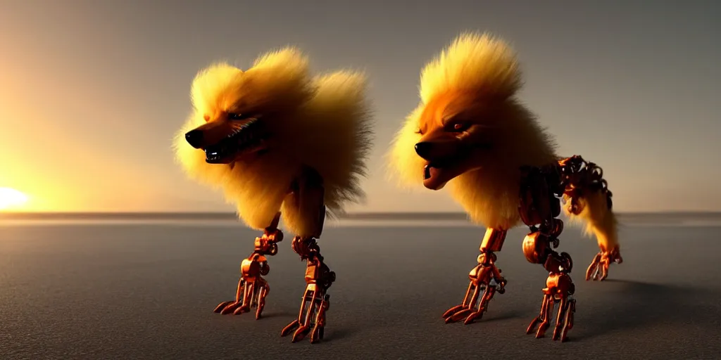 Image similar to a scary, evil, malevolent robotic canine appearance like a japanese spitz, robotic parts fused with the body and head, on a beach at sunset, this 4 k hd image is trending on artstation, featured on behance, well - rendered, extra crisp, features intricate detail and the style of unreal engine. golden hour