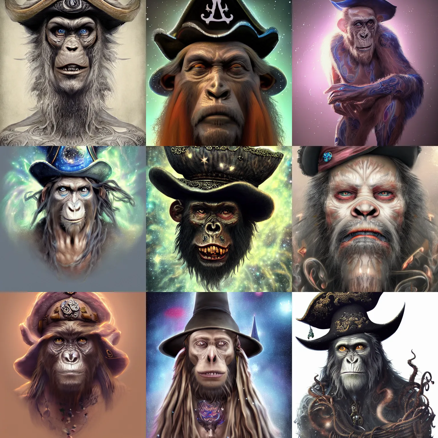 Prompt: a wlop 3 d render of very very very very highly detailed beautiful mystic portrait of a young ghost ape pirate mage in a hat with whirling galaxy around, tattoos by anton pieck, intricate, extremely detailed, digital painting, artstation, concept art, smooth, sharp focus, illustration, intimidating lighting, incredible art,