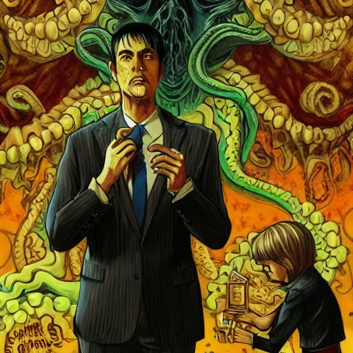Image similar to Cthulhu as a modern day business man with a family and a drug and gambling addiction, Junji Ito and Greg rutkowski, psychedelic , 50s style infomercial , award winning , retro futuristic