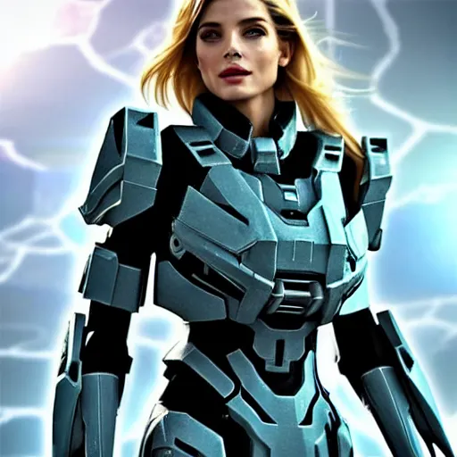 Image similar to A combination of Ashley Greene's and Adriana Dxim's and Grace Kelly's appearances with blonde hair wearing Forerunner armor from Halo, high tech, action shot, angular, full body portrait, futuristic, dramatic, fantasy, intricate, elegant, highly detailed, artstation, matte, sharp focus, 8K, art by Artgerm and Greg Rutkowski and Alphonse Mucha