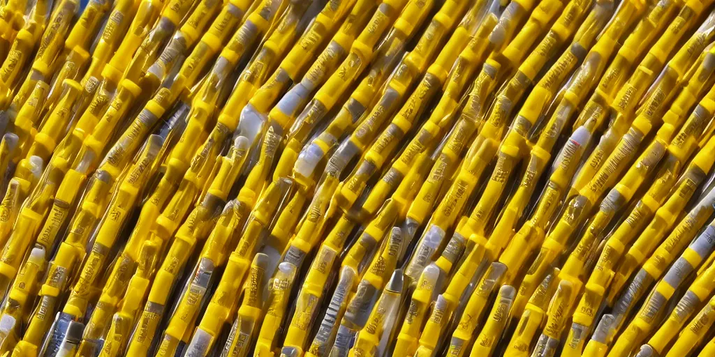 Image similar to realistic photograph 1 0 0 0 0's of yellow - coloured chapstick tubes in giant piles, high detail, shaded, backlit, glossy, backlit, ultrawide panoramic shot