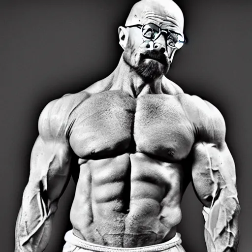 Prompt: Walter White is a jacked muscle builder gigachad, grayscale photography