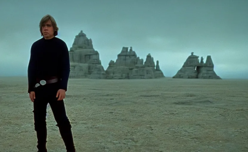 Image similar to screenshot portrait shot of Luke Skywalker in front of the ancient Jedi Temple, morning, landscape, no people, no man, lost world, sharp focus, from the 1970s sci fi thriller by Stanely Kubrick film, color kodak, ektochrome, anamorphic lenses, detailed faces, moody cinematography