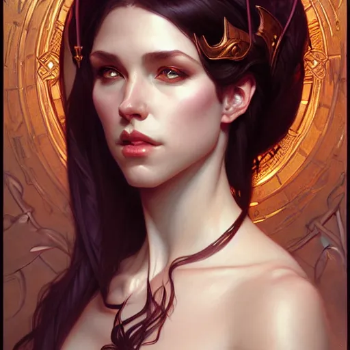 Prompt: ,portrait of an female tiefling, D&D, fantasy, intricate, elegant, highly detailed, digital painting, artstation, concept art, smooth, sharp focus, illustration, art by artgerm and greg rutkowski and alphonse mucha