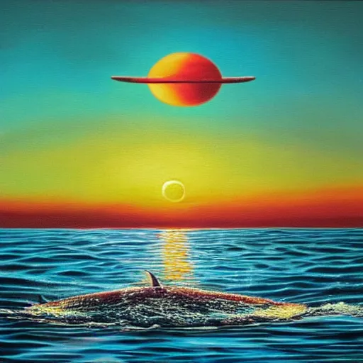 Image similar to oil painting, photorealistic, symmetrical, sunset, reflection on water, ufo floating above water, dolphins in water, horror, ominous