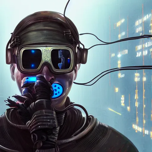 Prompt: a guy connected to wires and tubes, wearing goggles, cybernetic, dystopian, highly detailed, digital painting, artstation, concept art, soft light, sharp focus, illustration