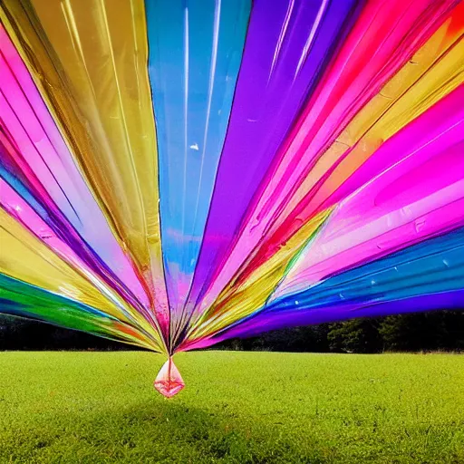 Image similar to an ultra high definition professional studio quality photograph of a transparent iridescent perspex pastel coloured inflatable abstract parachute sculpture in an empty field. dramatic lighting, ray tracing, refraction, shallow d. o. f, colour corrected, golden ratio, three point light. volumetric shadows. god rays.