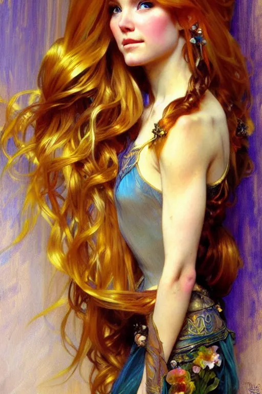 Image similar to rapunzel gold hair, painting by daniel gerhartz, alphonse mucha, detailed art, artstation