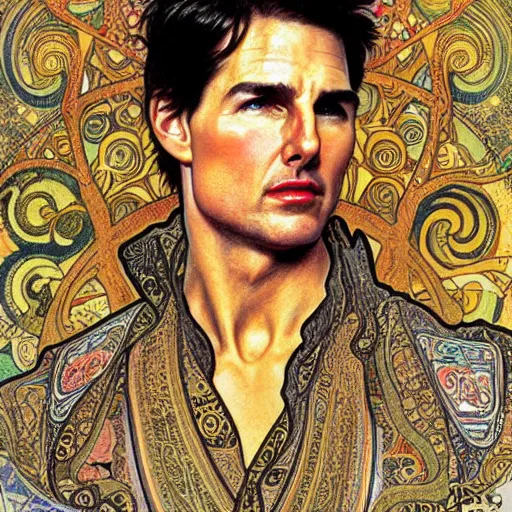 Image similar to detailed art of Tom Cruise, by Alphonse Mucha and Gustav Klimt