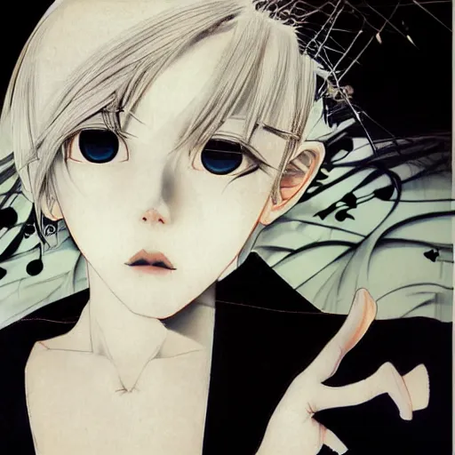 Image similar to Yoshitaka Amano realistic illustration of an anime girl with short white hair and black eyes wearing tuxedo, abstract black and white patterns on the background, noisy film grain effect, highly detailed, Renaissance oil painting