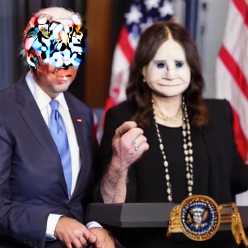 Image similar to Joe Biden and Ozzy Osbourne show off their newborn baby at a press conference, high quality, close up