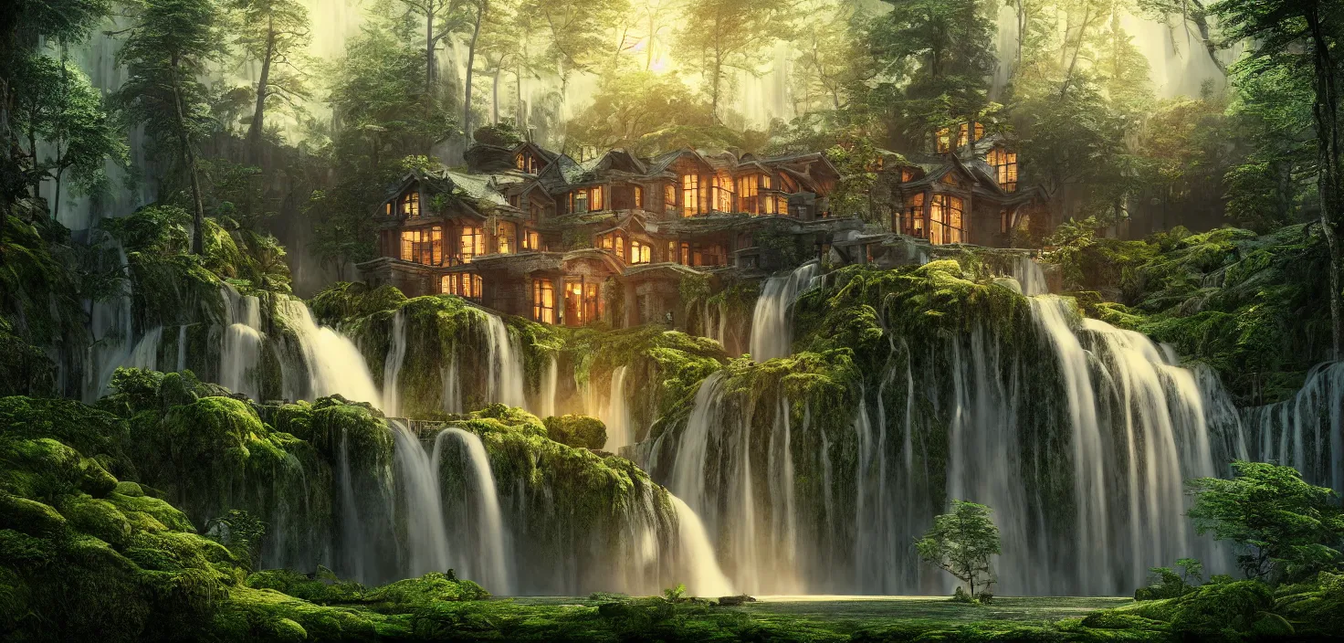 Prompt: beautiful big house in the forest, a big waterfall flows down from the mountain, octane render, fabulous, hyper detailed, random cinematic view, no noise, global illumination, warm lighting, volumetric, godrays, vivid, beautiful, by jordan grimmer