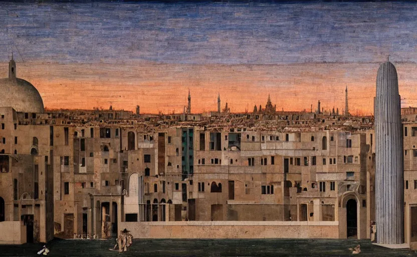 Prompt: a building in the ideal city by piero della francesca. sunset lighting. paris in the background