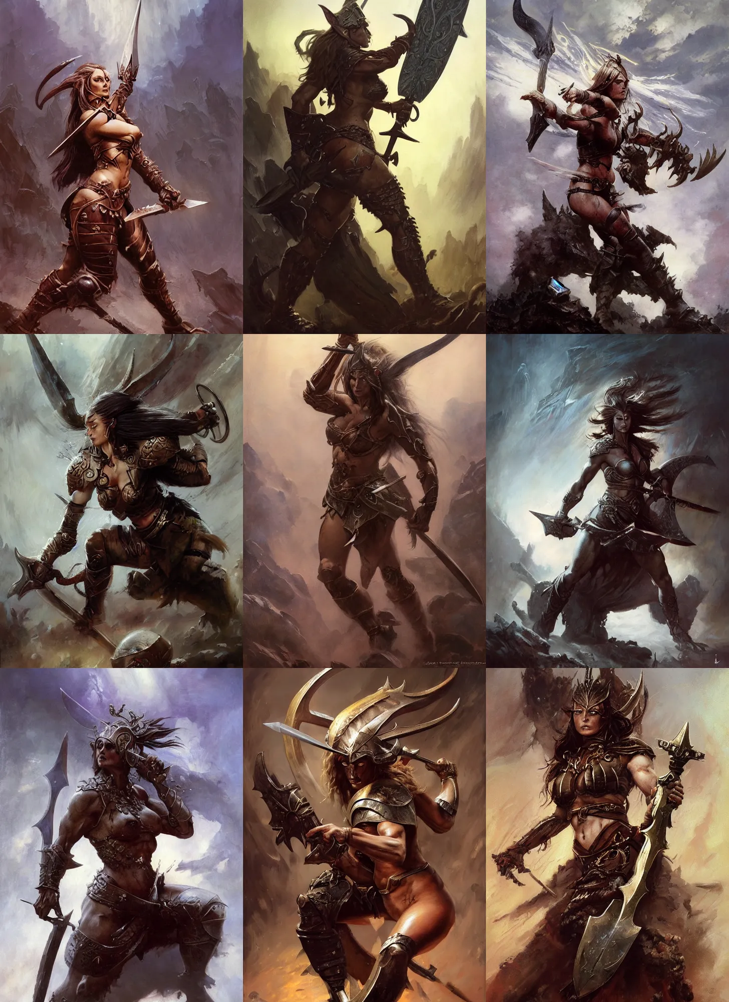 Prompt: A full portrait oil painting of a berserker woman holding a claymore above her head an running into battle, elven armor, by Frank Frazetta, Greg Rutkowski, Boris Vallejo, epic fantasy character art, Exquisite detail, post-processing, low angle, masterpiece, cinematic, lightning