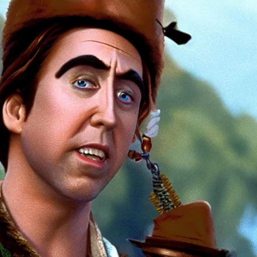 Prompt: nic cage in peter pan, disney,