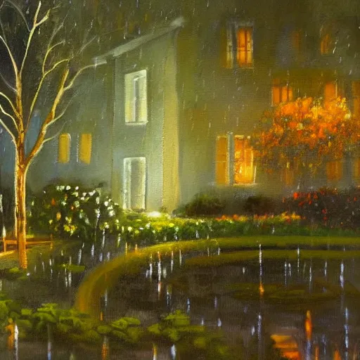 Image similar to a painting of rain in a garden at night