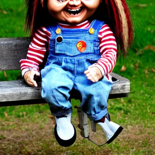 Image similar to chucky the killer doll standing on a park bench