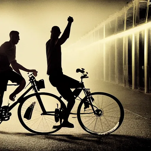 Image similar to two guys using one bicycle as a stroboscope in front of an audience, techno, foggy, dark, intense, rendering, high details