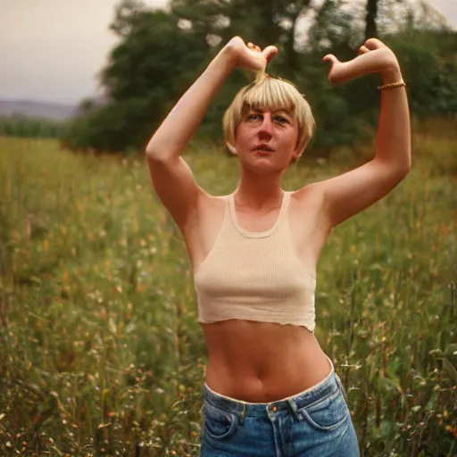 Image similar to beautiful young woman, short hair, tank top, arms raised above her head, cottagecore, razorfree, hippie, naturist, portrait photography, portra 800