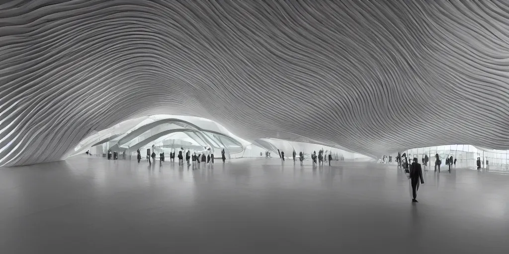 Prompt: smooth curvilinear museum interior, photorealistic, 8 k, cinematic, zaha hadid