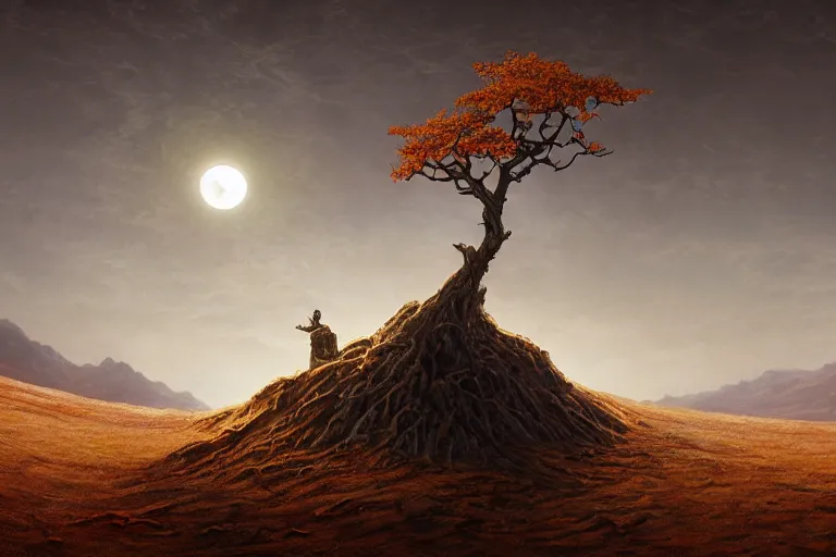 Prompt: cinematic fantasy landscape painting, an eclipse, over an autumn maple bonsai growing alone on a desolate sand dune in front of a primordial mountainous desert landscape of bones by hr giger and jessica rossier