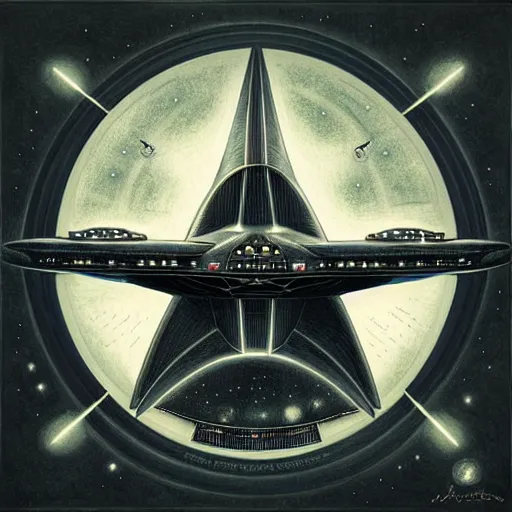 Image similar to black background, symmetry, starship enterprise, by jean - baptiste monge