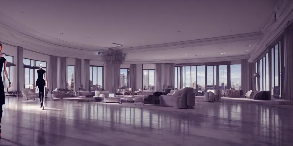 Prompt: Fashion Catwalk in a luxurious penthouse interior, concept art, rendering, hyperdetailed, unreal engine 5, 4k