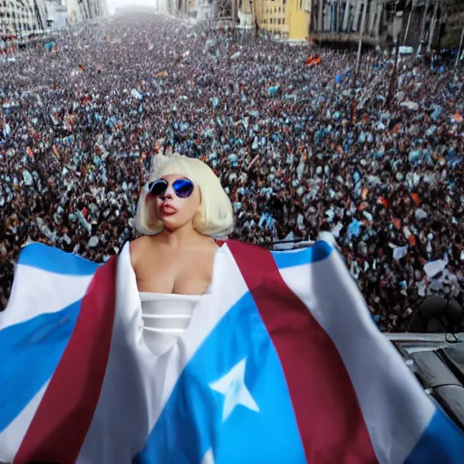 Image similar to Lady Gaga as President, Argentina presidential rally, Argentine flags behind, bokeh, epic photo, detailed face, Argentina