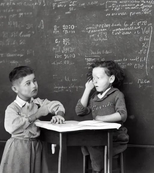 Image similar to photograph of a child at the blackboard , the teacher looks at him , 1950s , photograph by Erwin Olaf,-W 1024